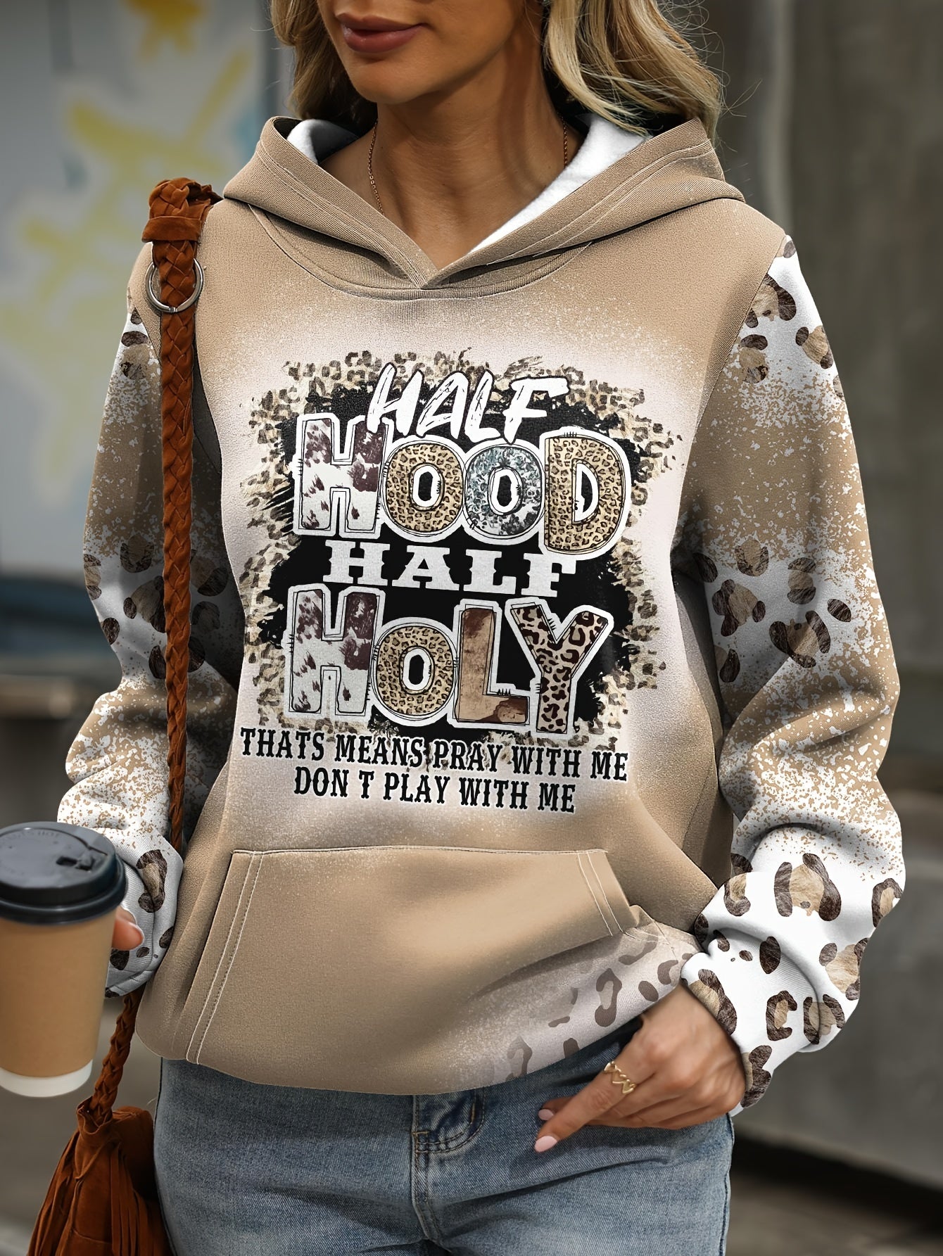 Letter & Leopard Print Kangaroo Pocket Hoodie, Casual Long Sleeve Hoodies Sweatshirt, Women's Clothing