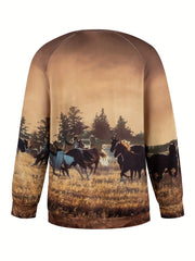 Women's Plus Size Horse Print Sweatshirt, Soft Long Sleeve Round Neck, Cozy Autumn/Winter Essential