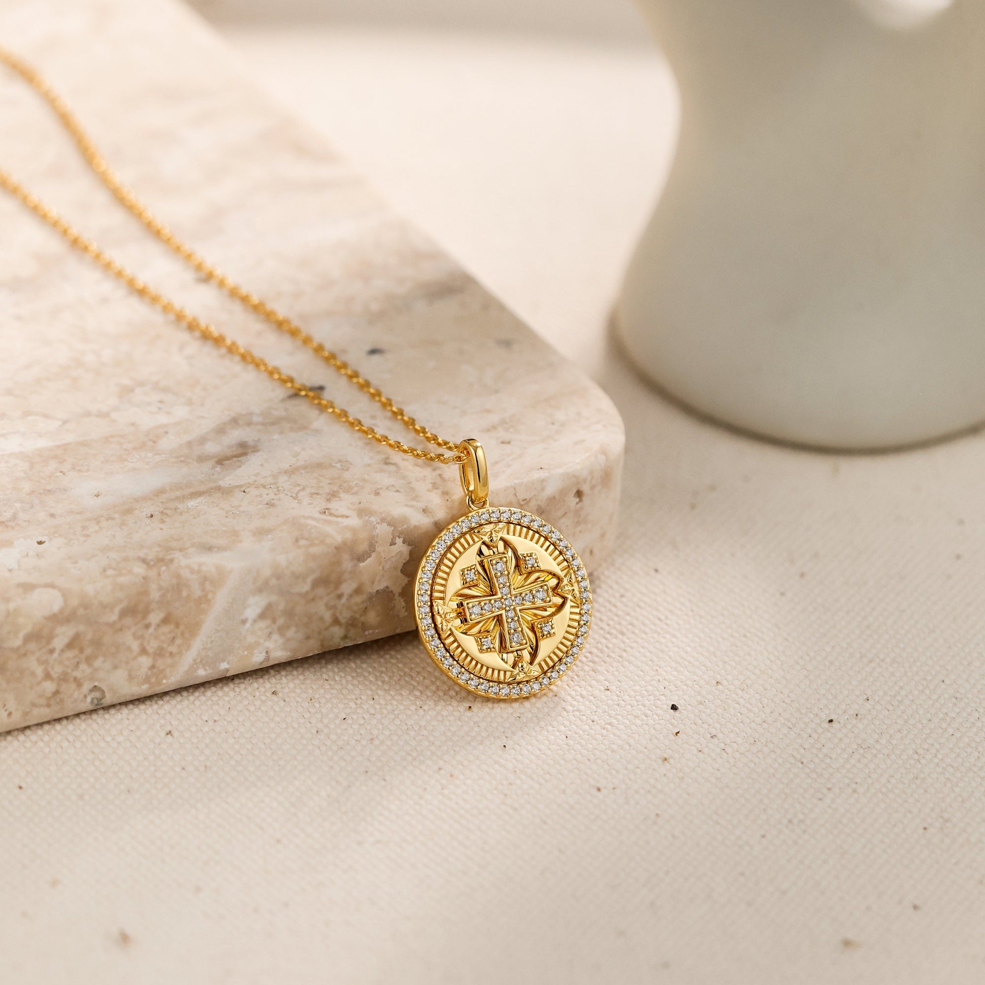 Divine Radiance Cross Protection Prayer Medallion Pendant Necklace - Gold Vermeil