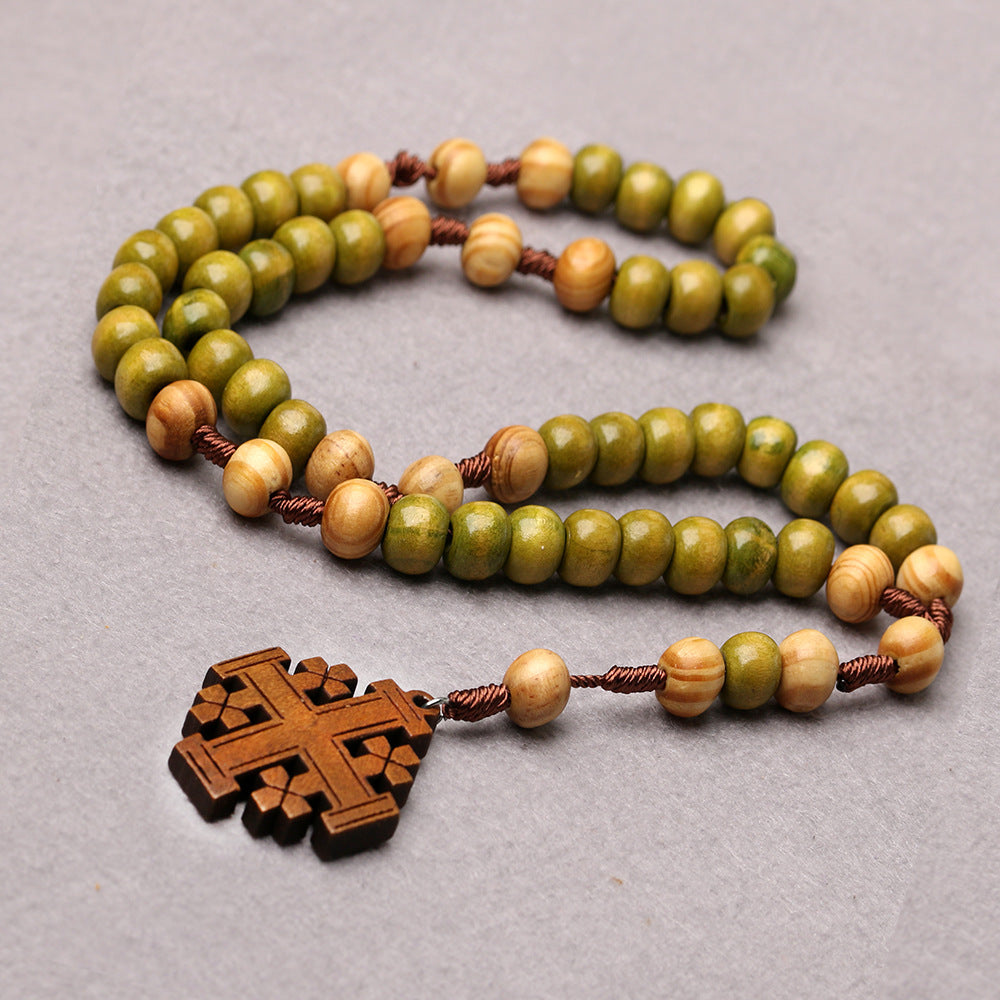 Two-Tone Wooden Catholic Rosary Necklace with Carved Cross