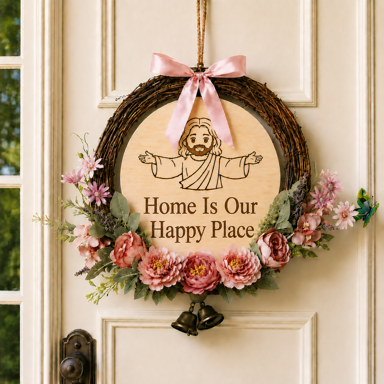Home Is Our Happy Place, Jesus Welcome Door Sign with Greenery Wreath – Farmhouse Front Door Decor for Indoor & Outdoor Home, Housewarming Gift with Bonus Damage-Free Hook