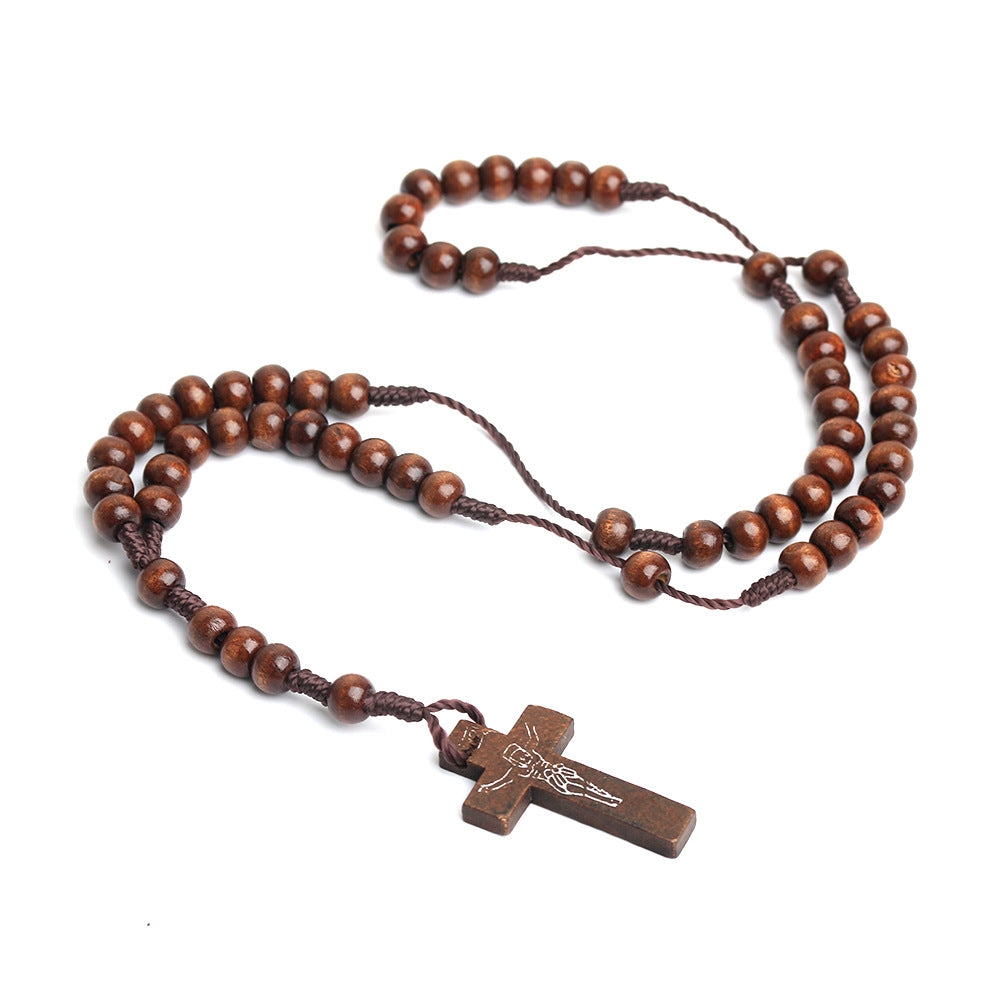 Wooden Catholic Rosary Necklace with Engraved Crucifix