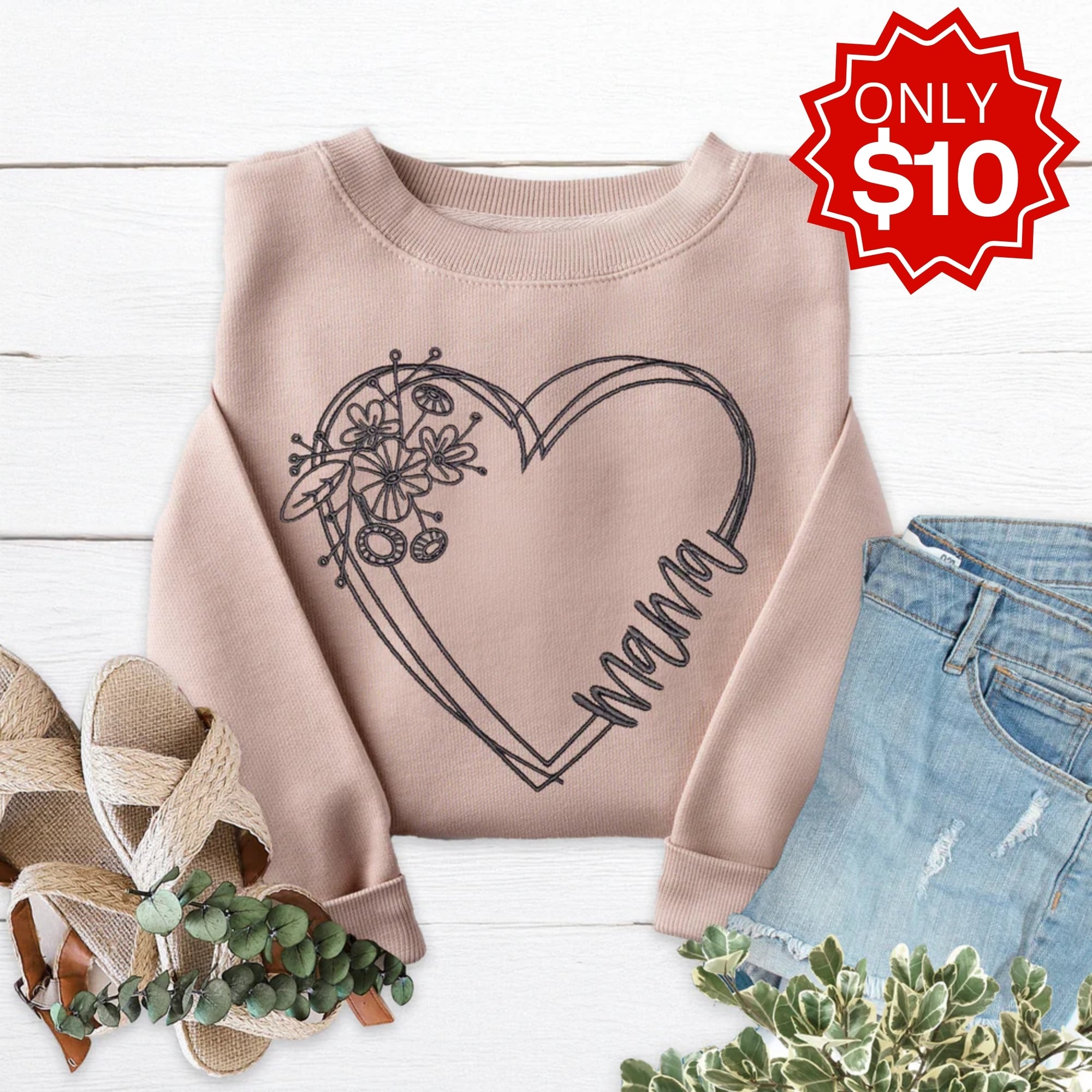 Mama Heart Embroidered Crewneck Sweatshirt