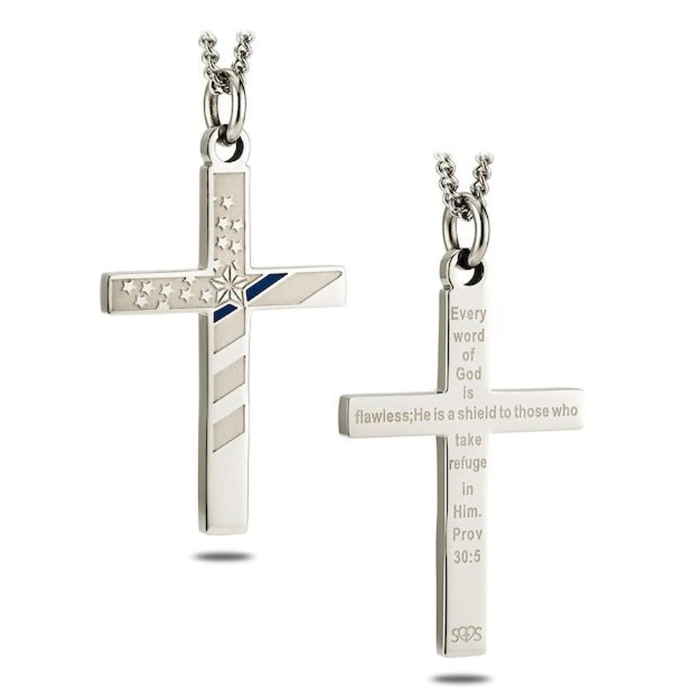 Patriotic Thin Blue Line Cross Necklace – Faith & Protection