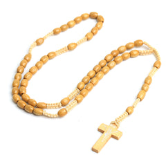 Light Wood Catholic Rosary Necklace with Engraved Crucifix