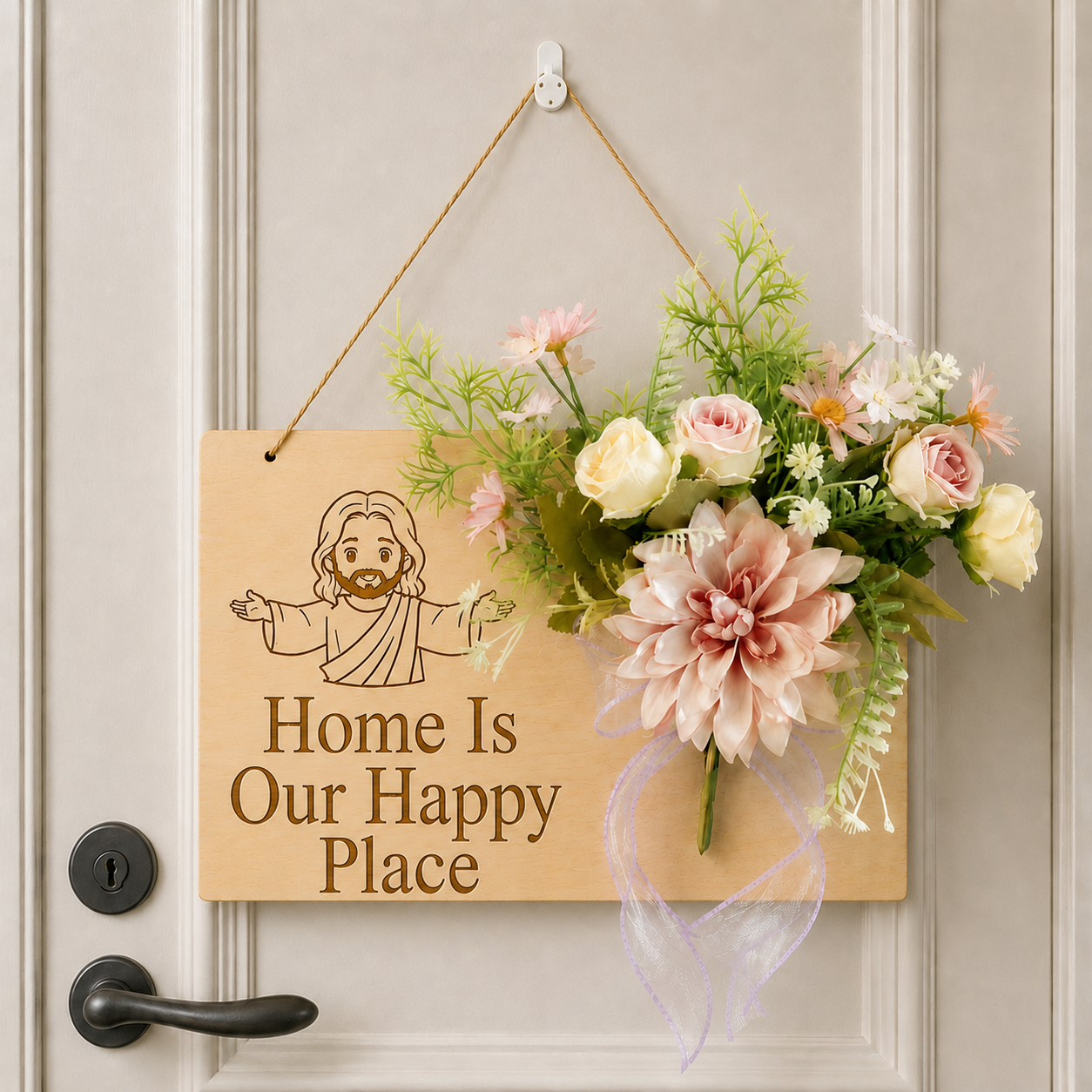 Home Is Our Happy Place, Jesus Welcome Door Sign with Greenery Wreath – Farmhouse Front Door Decor for Indoor & Outdoor Home, Housewarming Gift with Bonus Damage-Free Hook