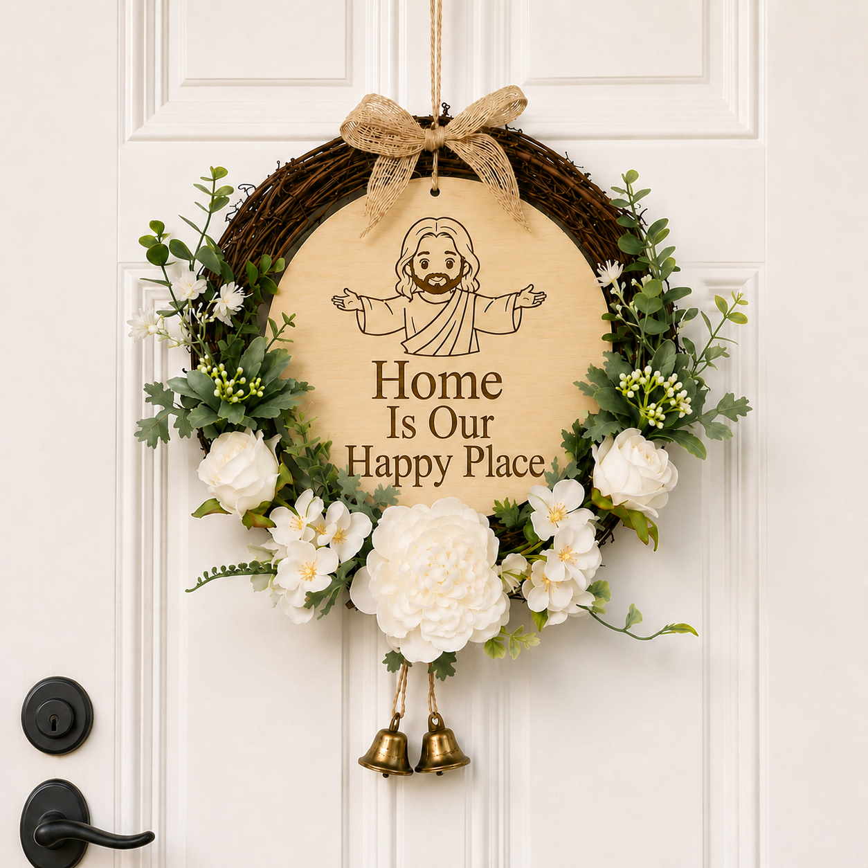 Home Is Our Happy Place, Jesus Welcome Door Sign with Greenery Wreath – Farmhouse Front Door Decor for Indoor & Outdoor Home, Housewarming Gift with Bonus Damage-Free Hook