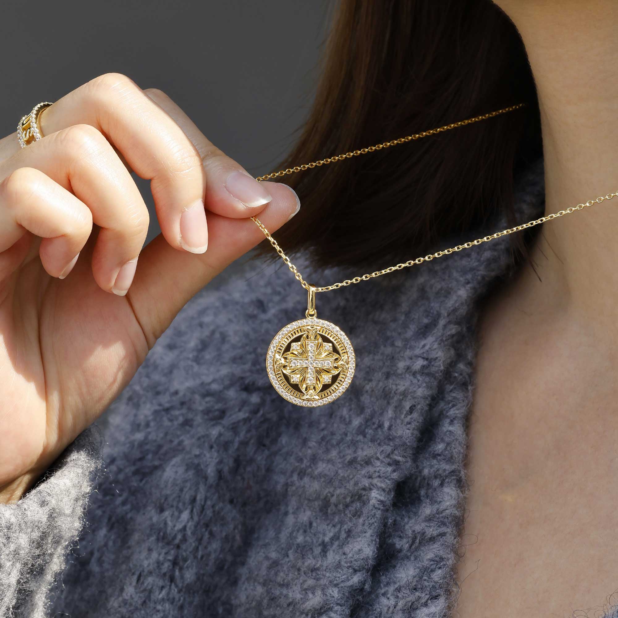 Divine Radiance Cross Protection Prayer Medallion Pendant Necklace - Gold Vermeil