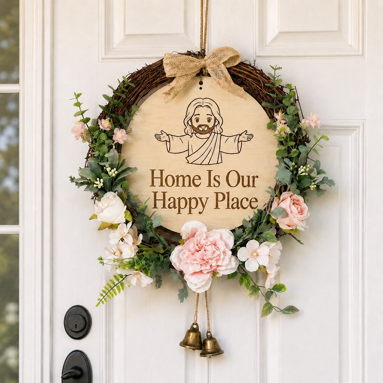 Home Is Our Happy Place, Jesus Welcome Door Sign with Greenery Wreath – Farmhouse Front Door Decor for Indoor & Outdoor Home, Housewarming Gift with Bonus Damage-Free Hook