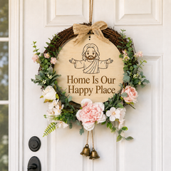 Home Is Our Happy Place, Jesus Welcome Door Sign with Greenery Wreath – Farmhouse Front Door Decor for Indoor & Outdoor Home, Housewarming Gift with Bonus Damage-Free Hook