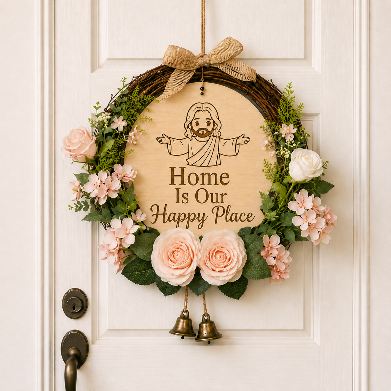 Home Is Our Happy Place, Jesus Welcome Door Sign with Greenery Wreath – Farmhouse Front Door Decor for Indoor & Outdoor Home, Housewarming Gift with Bonus Damage-Free Hook