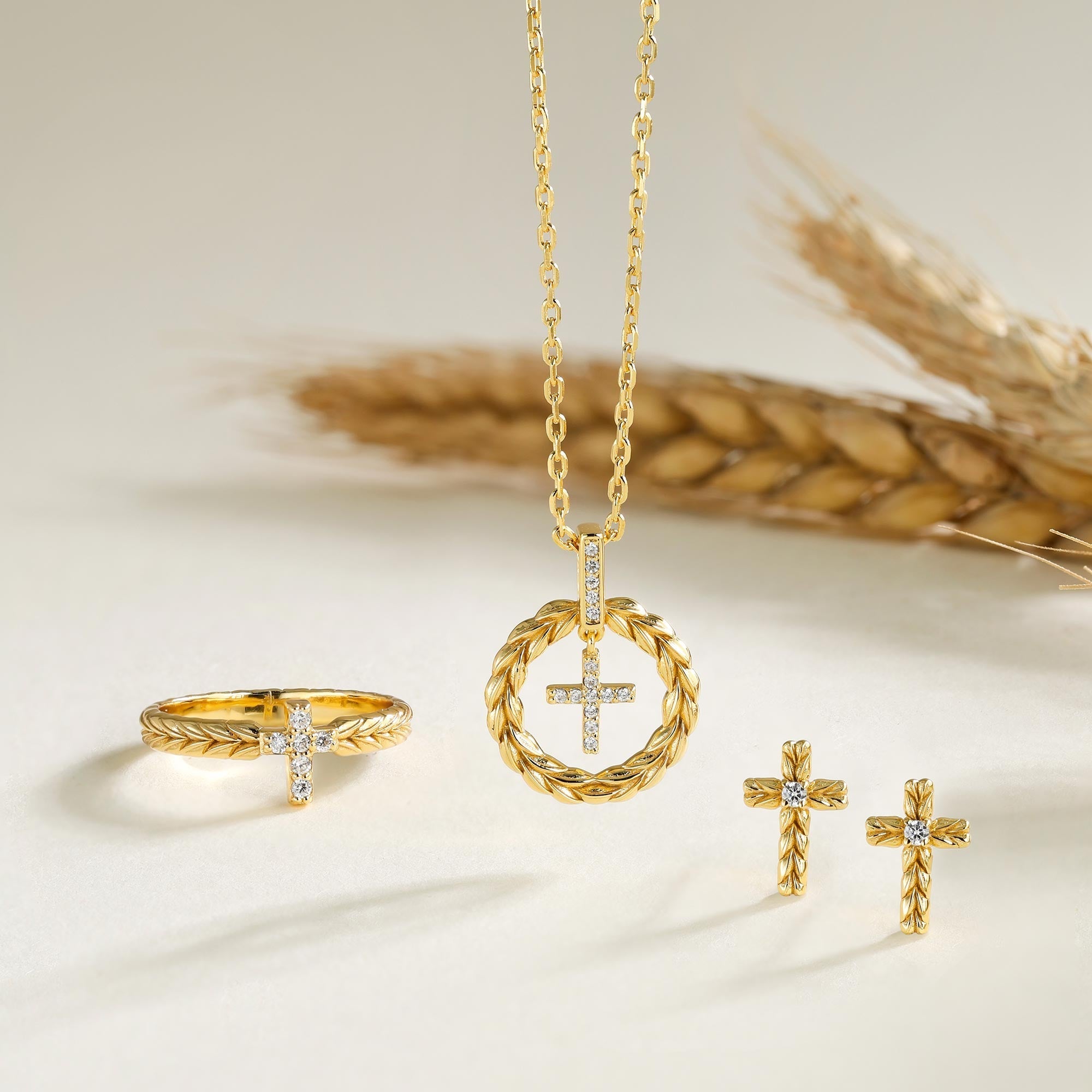 Wheat Wreath Cross Pendant Necklace