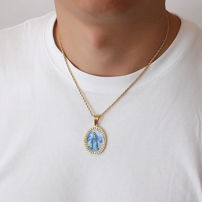 Virgin Mary Painting Necklace Religious Icon Jewelry
