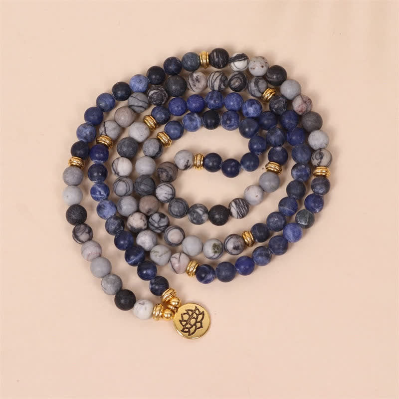Faith Nova 108 Mala Beads Sodalite Zebra Jasper Crystal Lotus Strength Bracelet