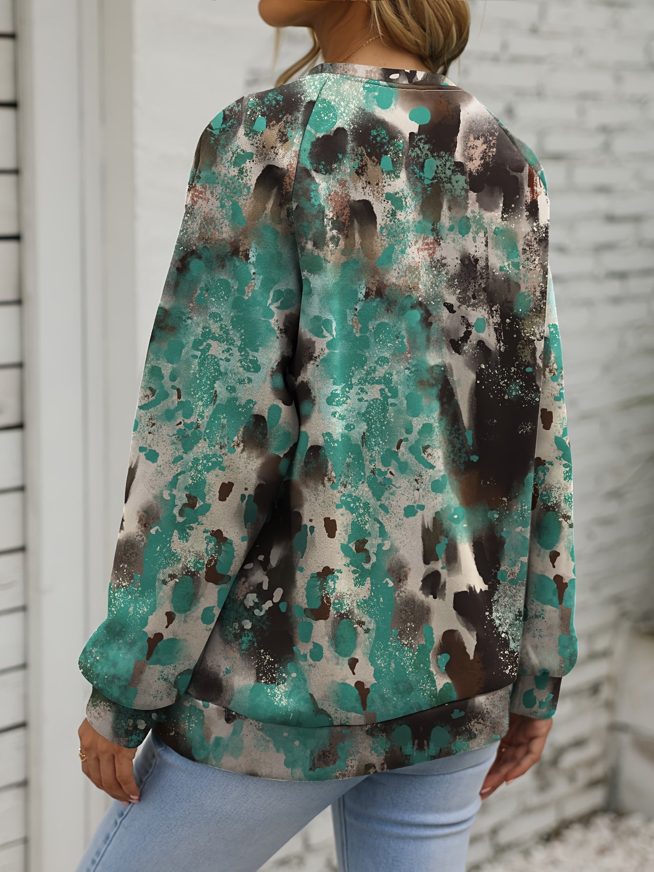 Women's Tie Dye Cross & Letter Print Lounge Top, Long Sleeve Crew Neck Sweatshirt for Fall & Winter