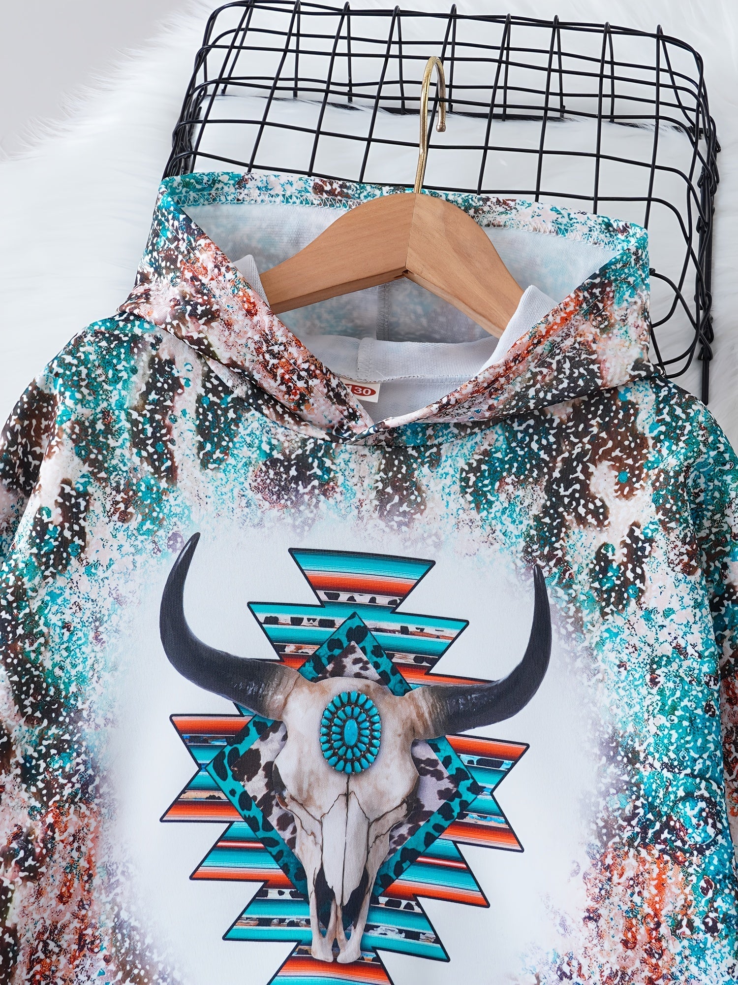 Girls' Bull Head Print Hooded Sweatshirt – Soft, Casual, and Stylish for School and Outdoor Activities