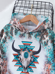 Girls' Bull Head Print Hooded Sweatshirt – Soft, Casual, and Stylish for School and Outdoor Activities