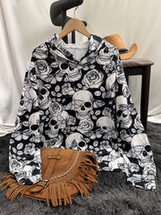 Women's Spooky Skull Print Hoodie with Kangaroo Pocket, Long Sleeve – Perfect for Halloween, Soft and Cozy