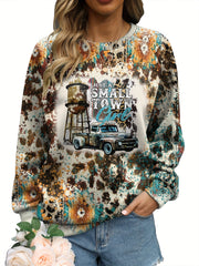 Women's Western Style Car & Slogan Tie Dye Lounge Top – Long Sleeve Crew Neck Pullover for Fall & Winter