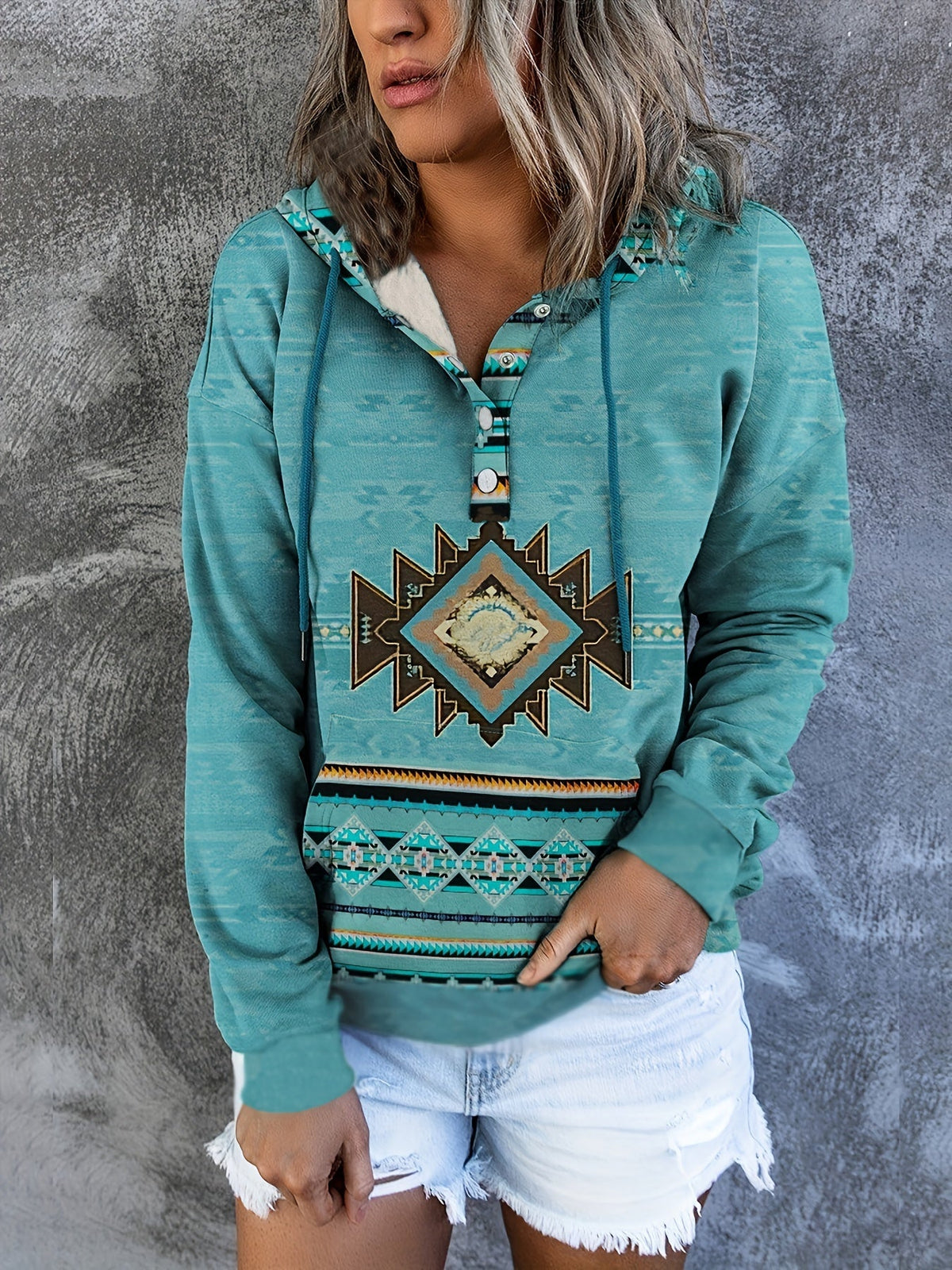 Women's Aztec Print Hoodie with Kangaroo Pocket, Drawstring & Button Front – Perfect for Daily Wear