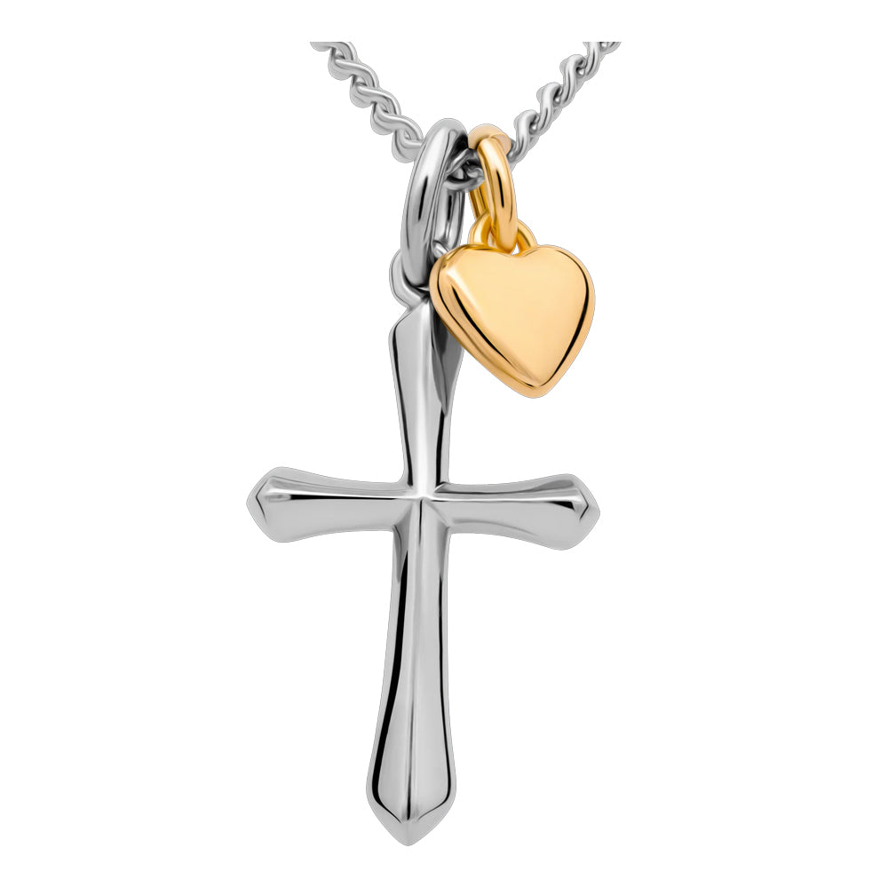 Faith & Love Cross Necklace with Gold Heart Charm – Stainless Steel Christian Pendant