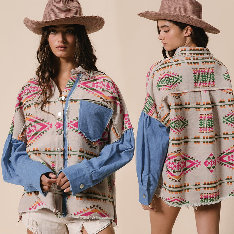 2026 NEW Women’s Southwestern Aztec Denim Sleeve Shacket