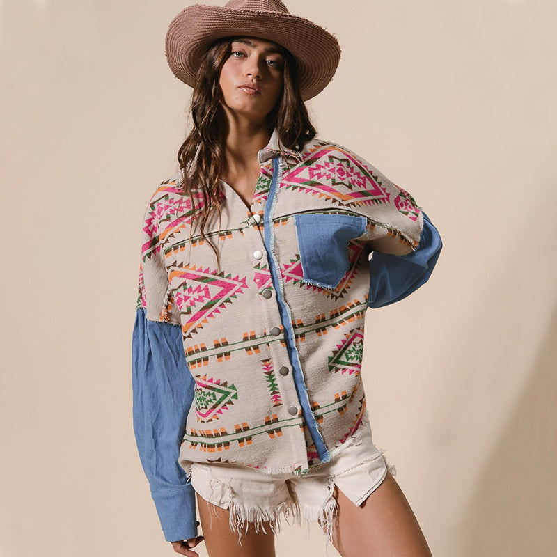 2026 NEW Women’s Southwestern Aztec Denim Sleeve Shacket