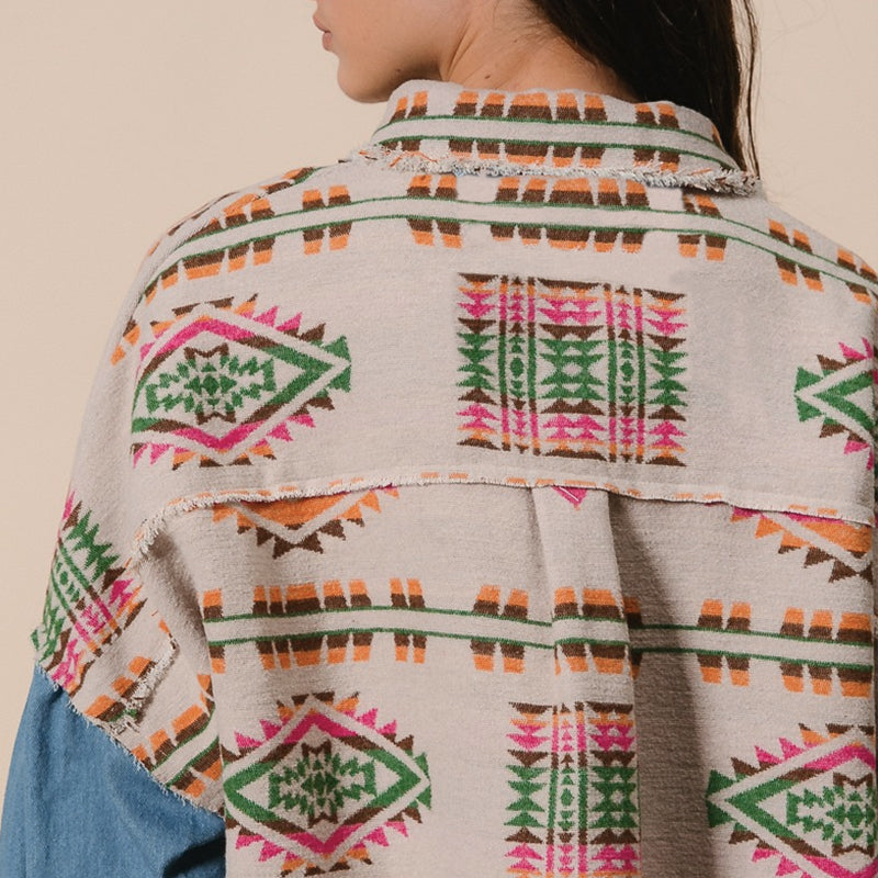 2026 NEW Women’s Southwestern Aztec Denim Sleeve Shacket
