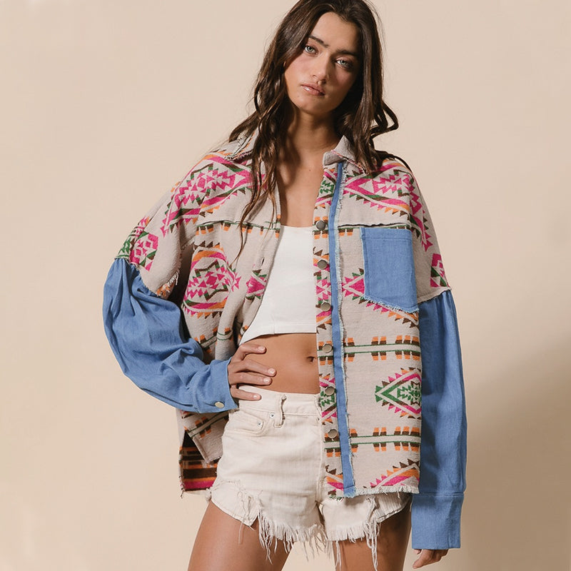 2026 NEW Women’s Southwestern Aztec Denim Sleeve Shacket