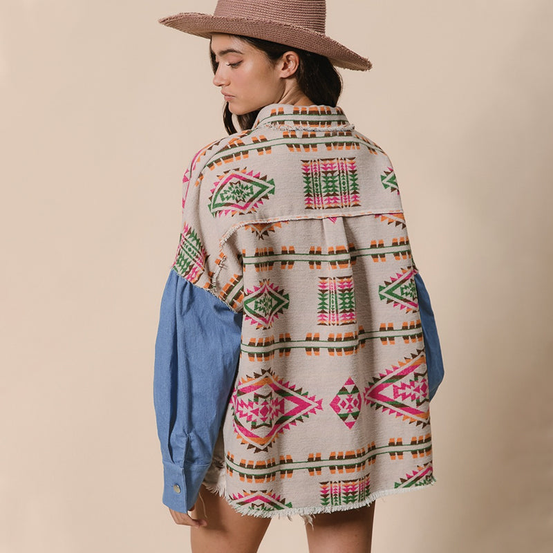 2026 NEW Women’s Southwestern Aztec Denim Sleeve Shacket