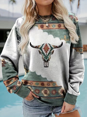 Women's Aztec Cow Skull Print Crew Neck Sweatshirt, Long Sleeve