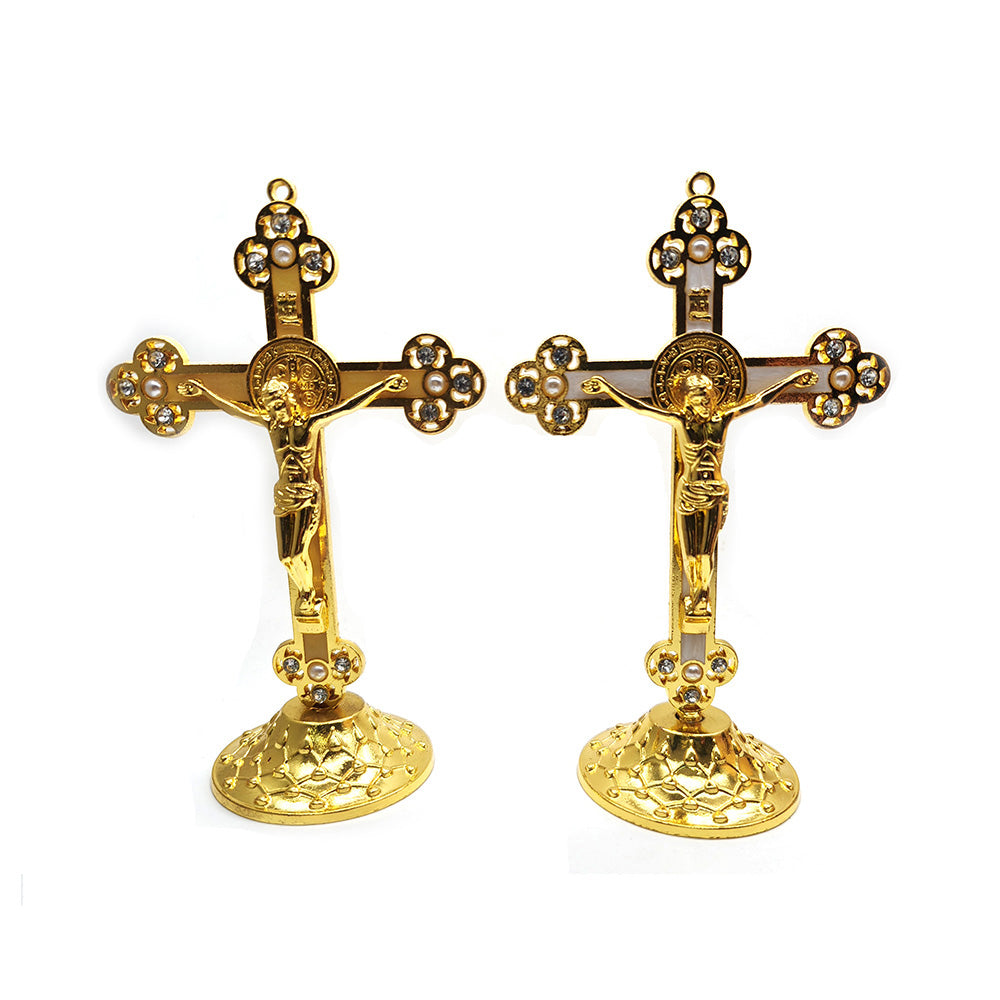 Gold Alloy Cross Ornament Stand with Rhinestones for Home, Office & Car Decor