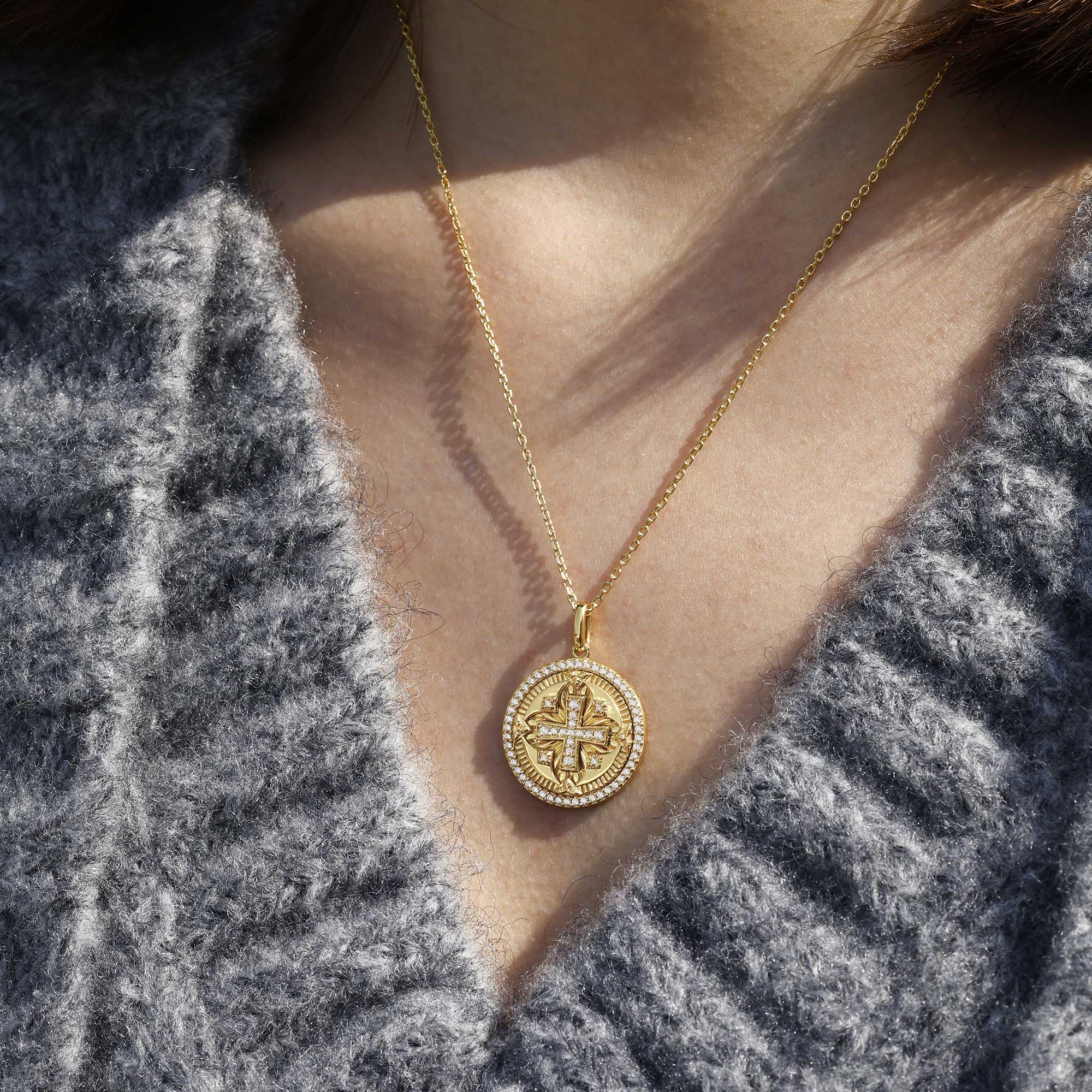 Divine Radiance Cross Protection Prayer Medallion Pendant Necklace - Gold Vermeil