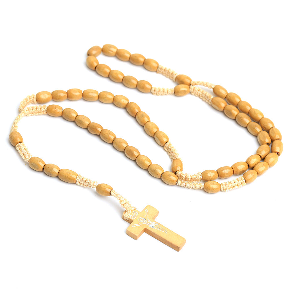 Light Wood Catholic Rosary Necklace with Engraved Crucifix