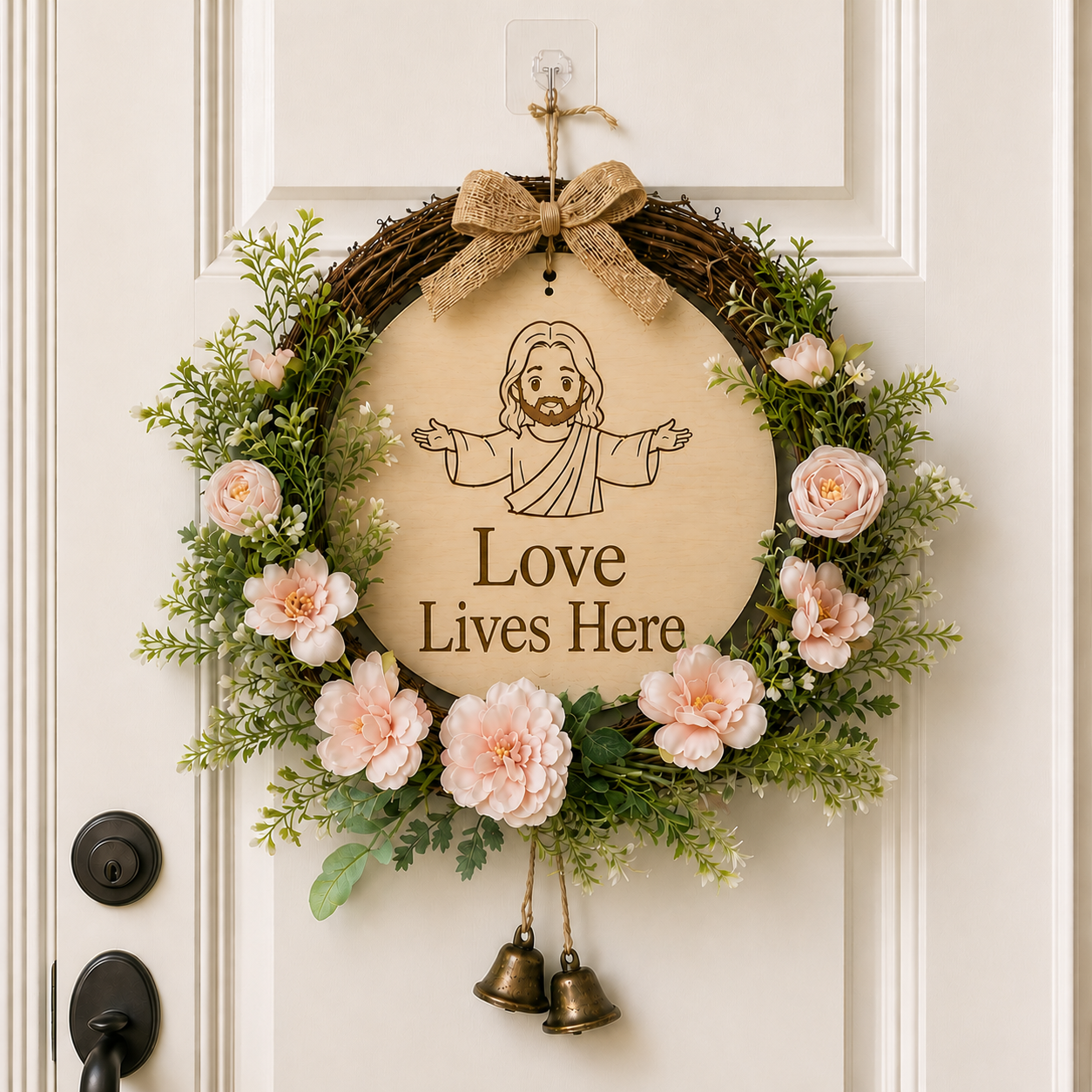 Love Lives Here, Jesus Welcome Door Sign with Greenery Wreath – Farmhouse Front Door Decor for Indoor & Outdoor Home, Housewarming Gift with Bonus Damage-Free Hook