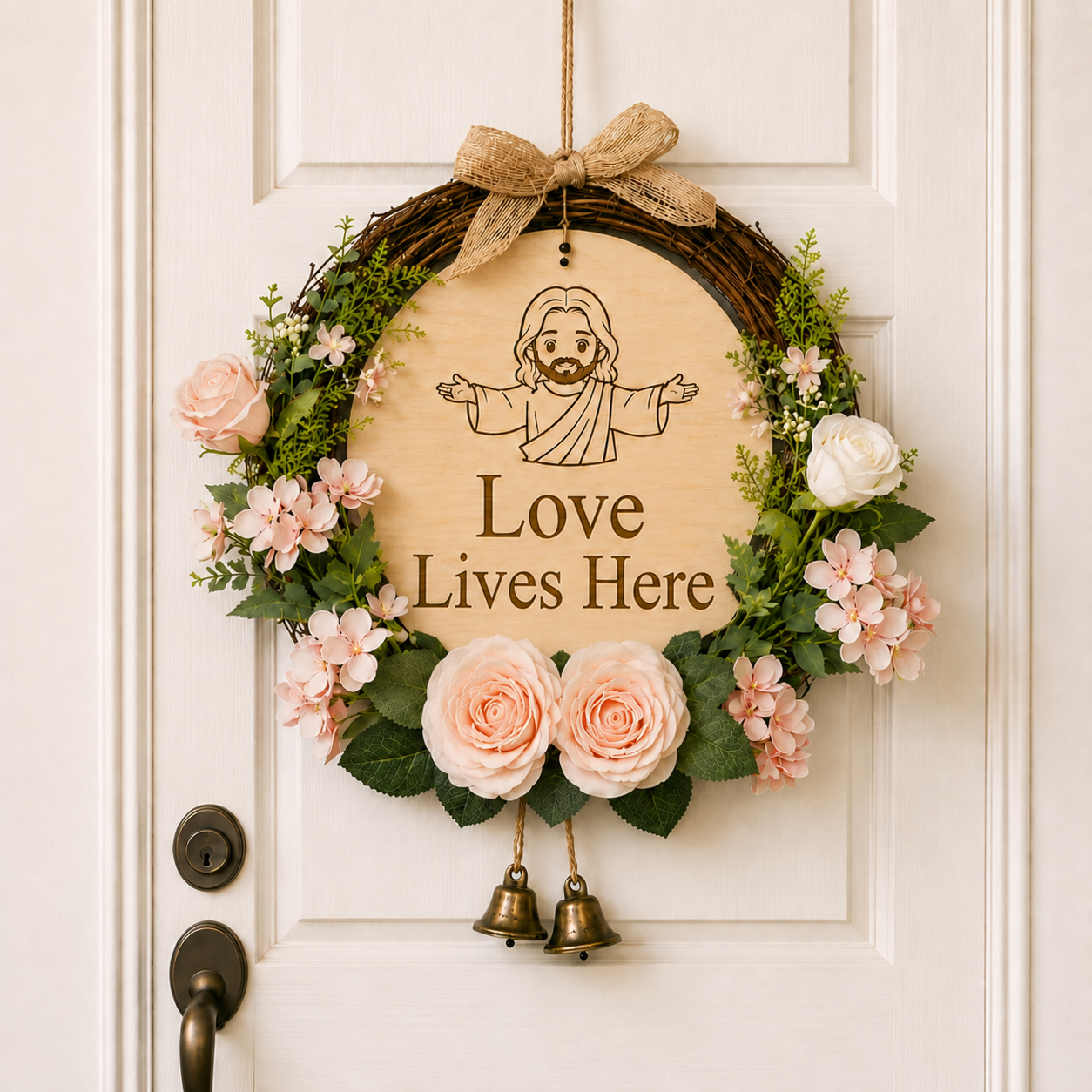 Love Lives Here, Jesus Welcome Door Sign with Greenery Wreath – Farmhouse Front Door Decor for Indoor & Outdoor Home, Housewarming Gift with Bonus Damage-Free Hook