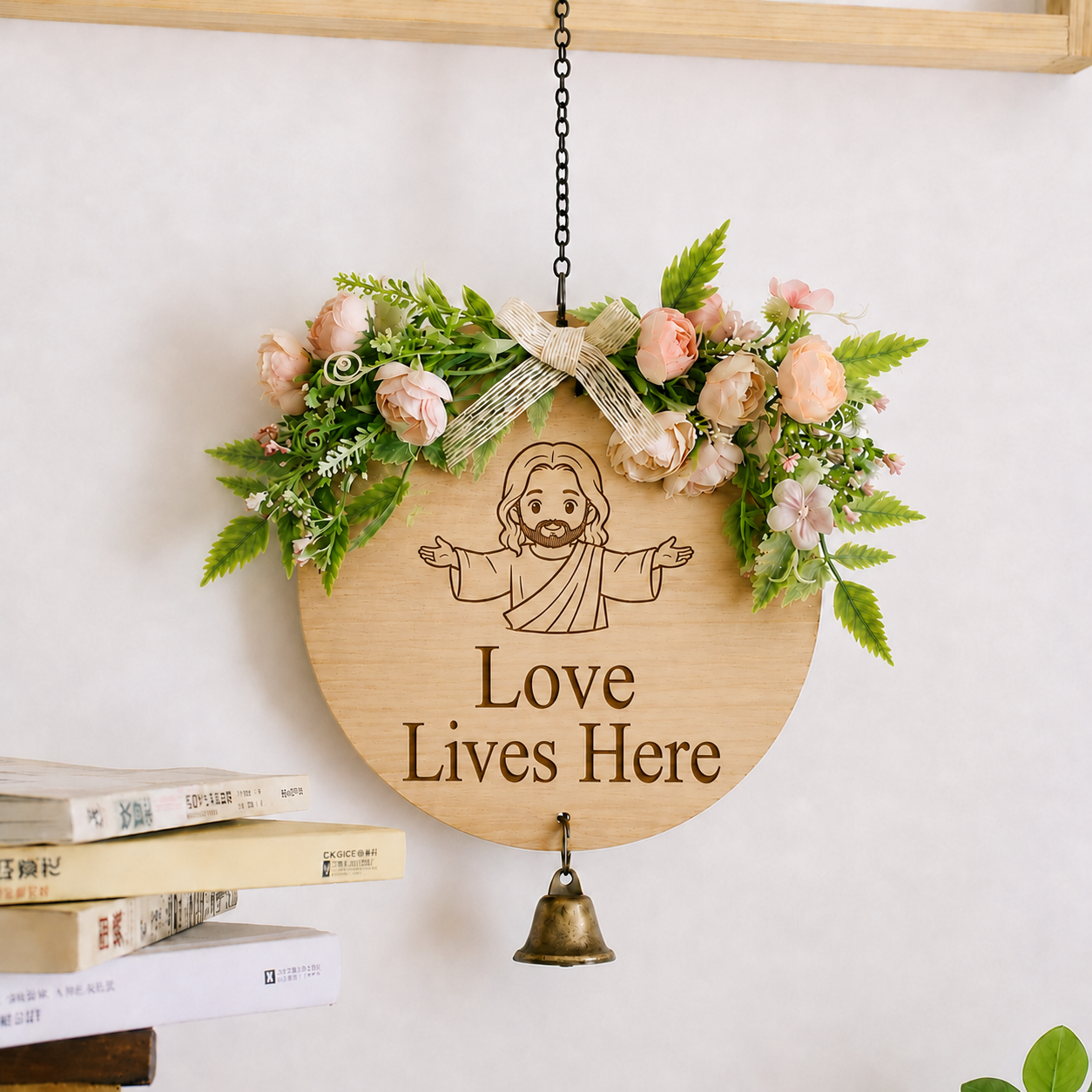 Love Lives Here, Jesus Welcome Door Sign with Greenery Wreath – Farmhouse Front Door Decor for Indoor & Outdoor Home, Housewarming Gift with Bonus Damage-Free Hook