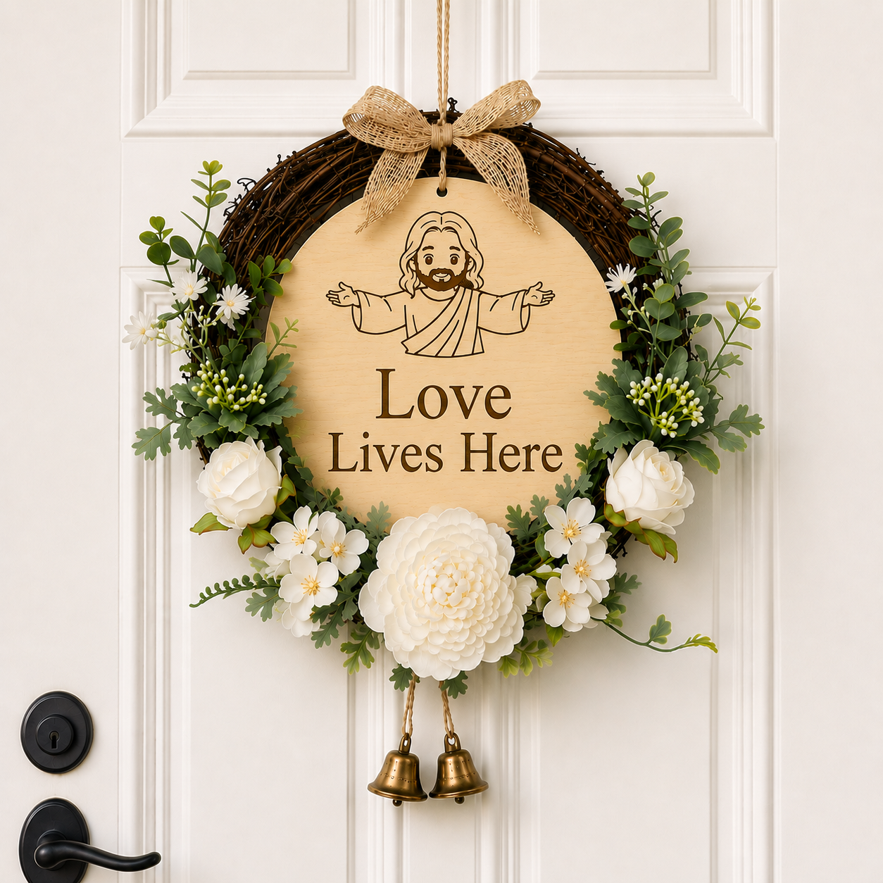 Love Lives Here, Jesus Welcome Door Sign with Greenery Wreath – Farmhouse Front Door Decor for Indoor & Outdoor Home, Housewarming Gift with Bonus Damage-Free Hook