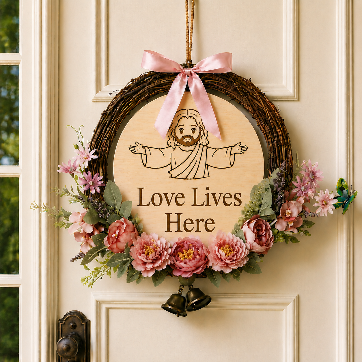 Love Lives Here, Jesus Welcome Door Sign with Greenery Wreath – Farmhouse Front Door Decor for Indoor & Outdoor Home, Housewarming Gift with Bonus Damage-Free Hook