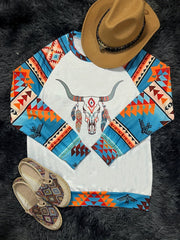 Women's Cow Skull & Aztec Print Crew Neck Sweatshirt, Long Sleeve Pullover for Fall & Winter