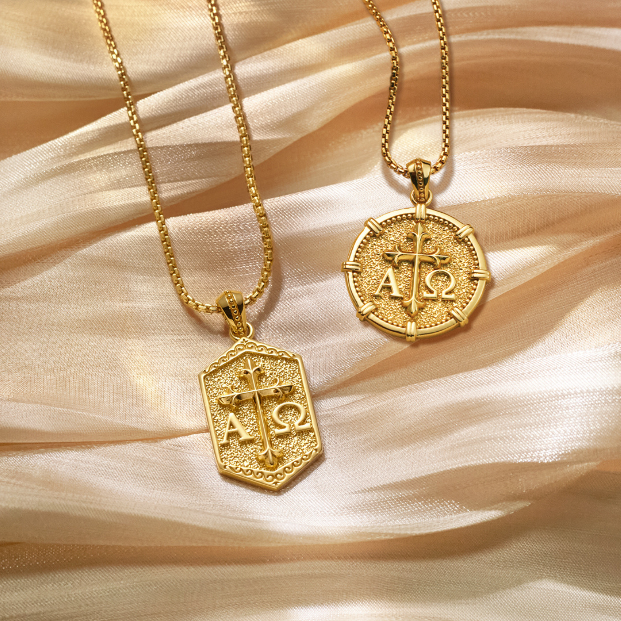 Hexagonal Alpha Omega Cross Medallion Necklace