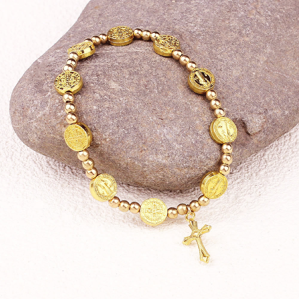Gold-tone St. Benedict Cross Stretch Bracelet