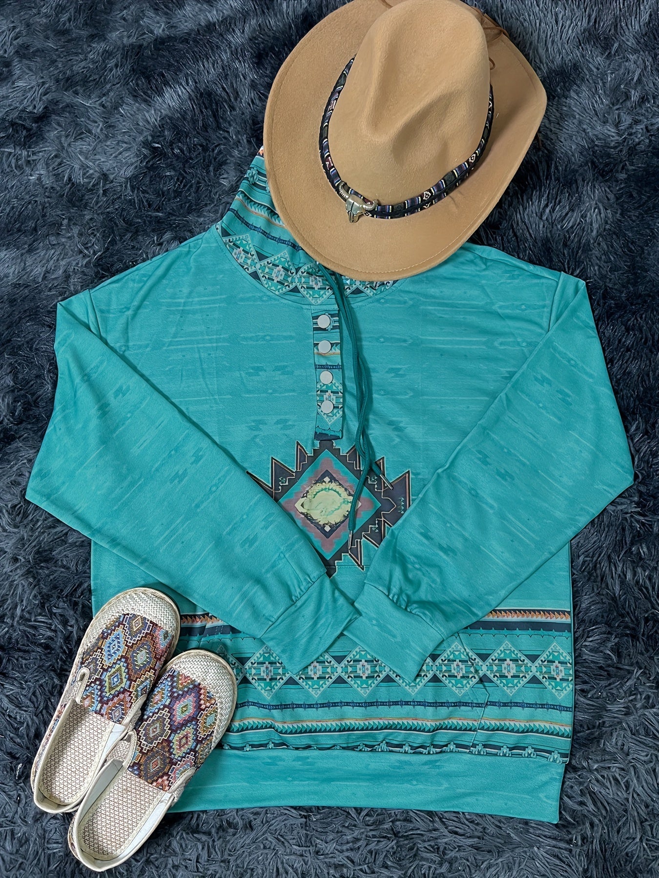 Women's Aztec Print Hoodie with Kangaroo Pocket, Drawstring & Button Front – Perfect for Daily Wear