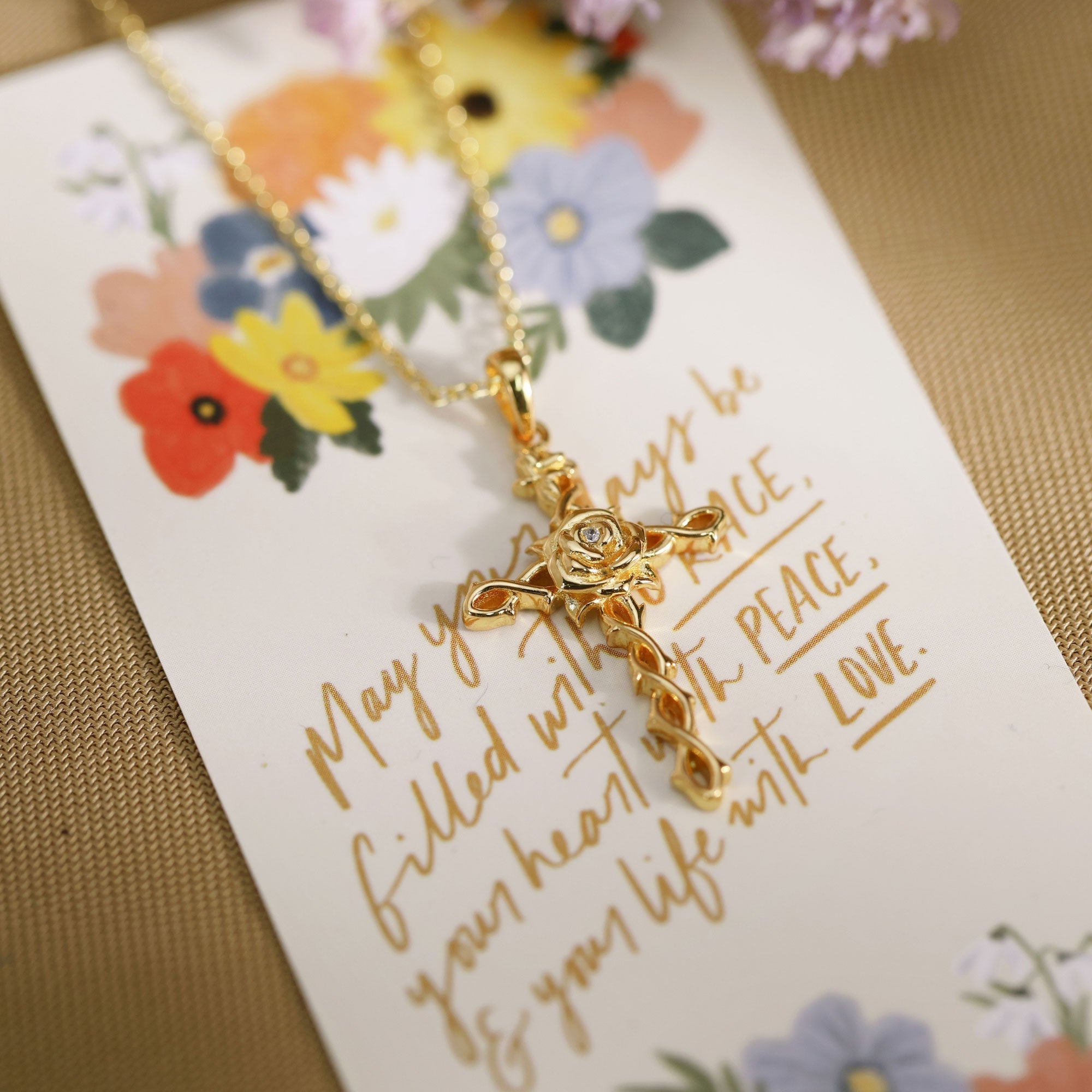 Floral Cross June Rose Birth Flower Necklace