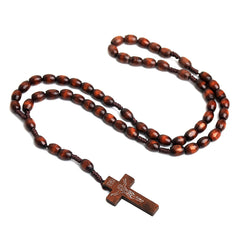 Dark Wood Catholic Rosary Necklace with Engraved Crucifix