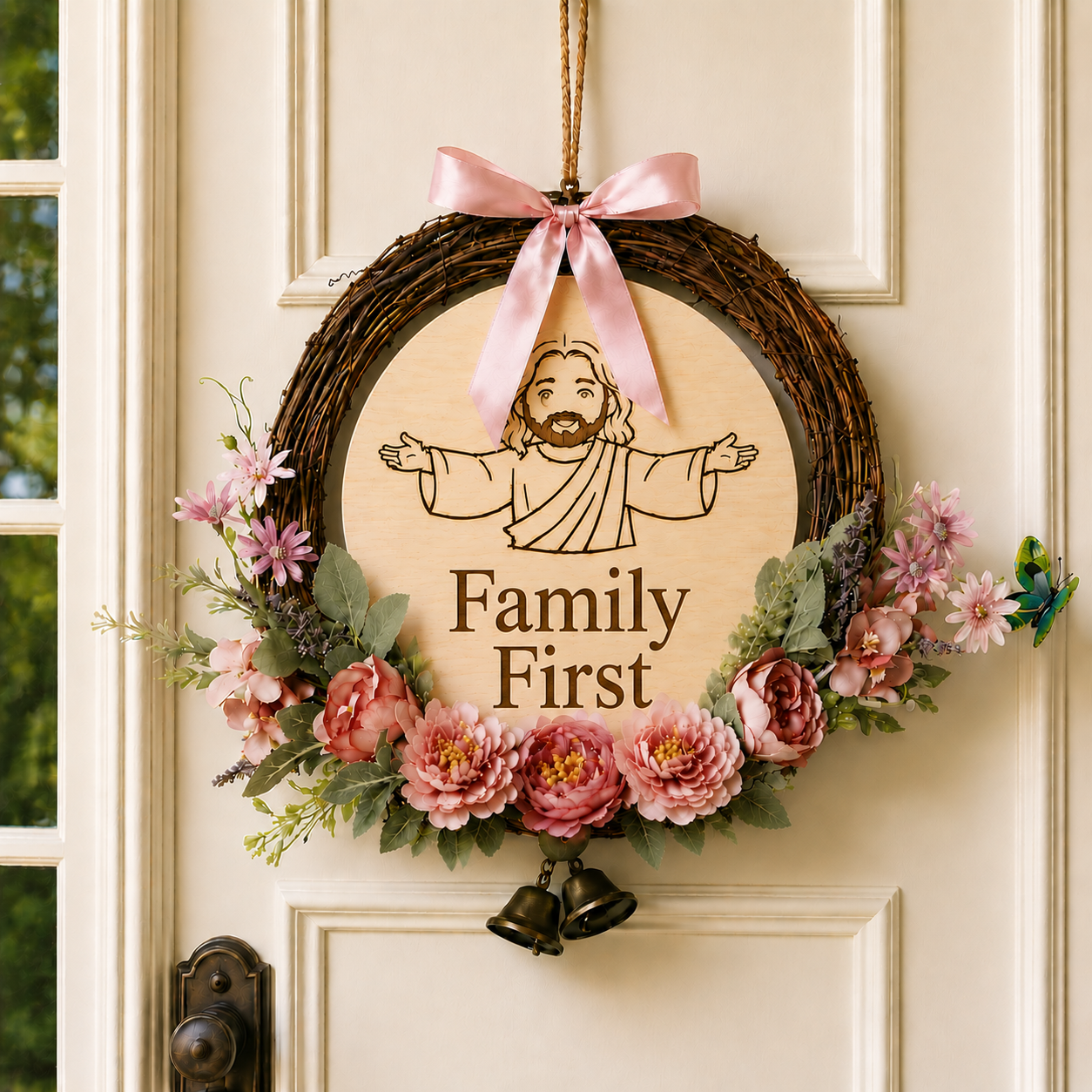 Family First, Jesus Welcome Door Sign with Greenery Wreath – Farmhouse Front Door Decor for Indoor & Outdoor Home, Housewarming Gift with Bonus Damage-Free Hook