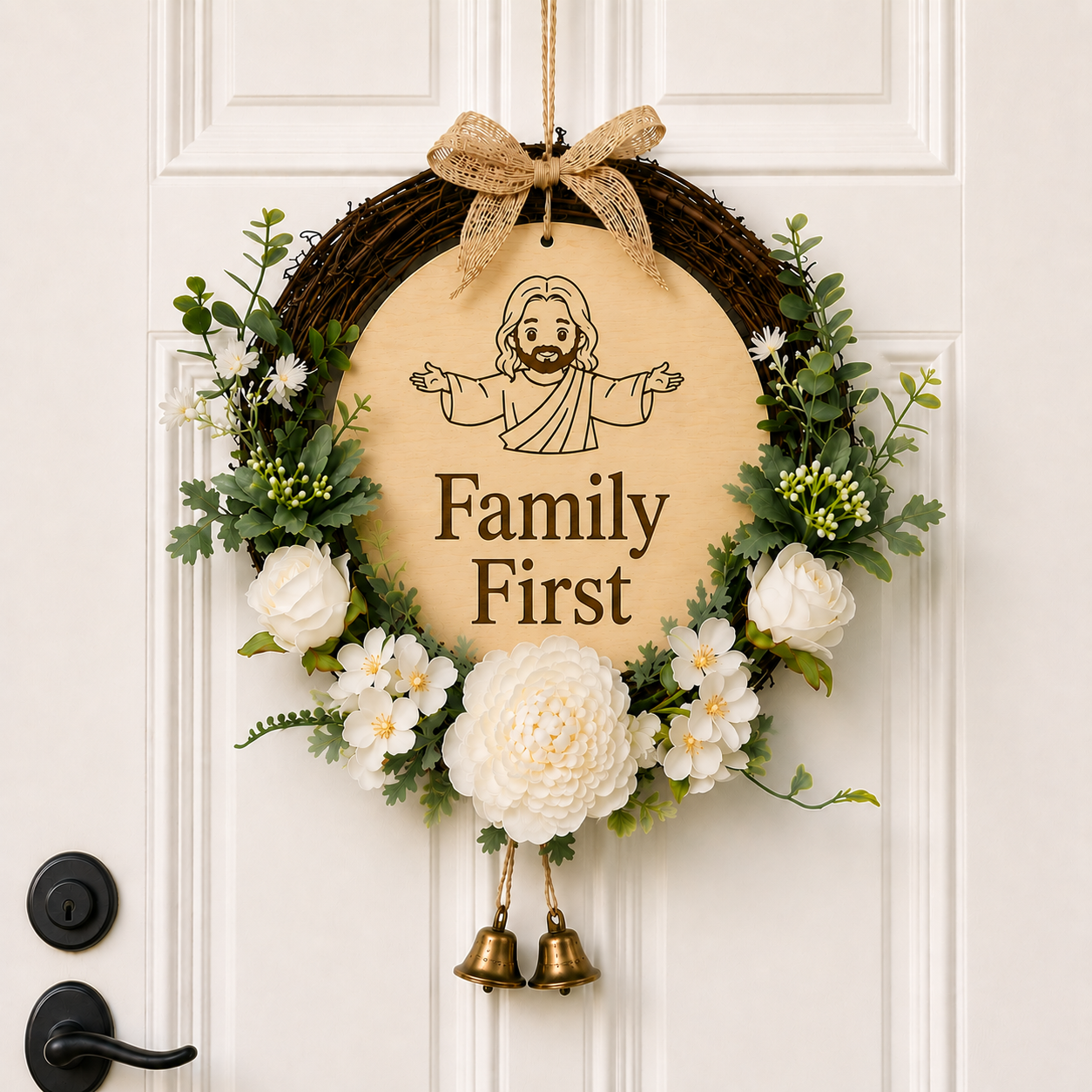 Family First, Jesus Welcome Door Sign with Greenery Wreath – Farmhouse Front Door Decor for Indoor & Outdoor Home, Housewarming Gift with Bonus Damage-Free Hook