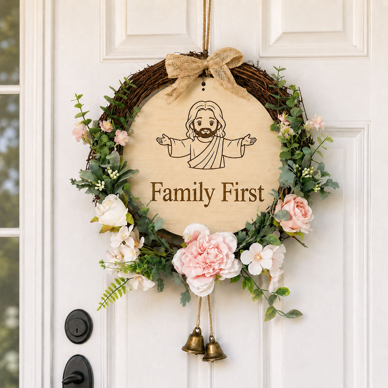 Family First, Jesus Welcome Door Sign with Greenery Wreath – Farmhouse Front Door Decor for Indoor & Outdoor Home, Housewarming Gift with Bonus Damage-Free Hook