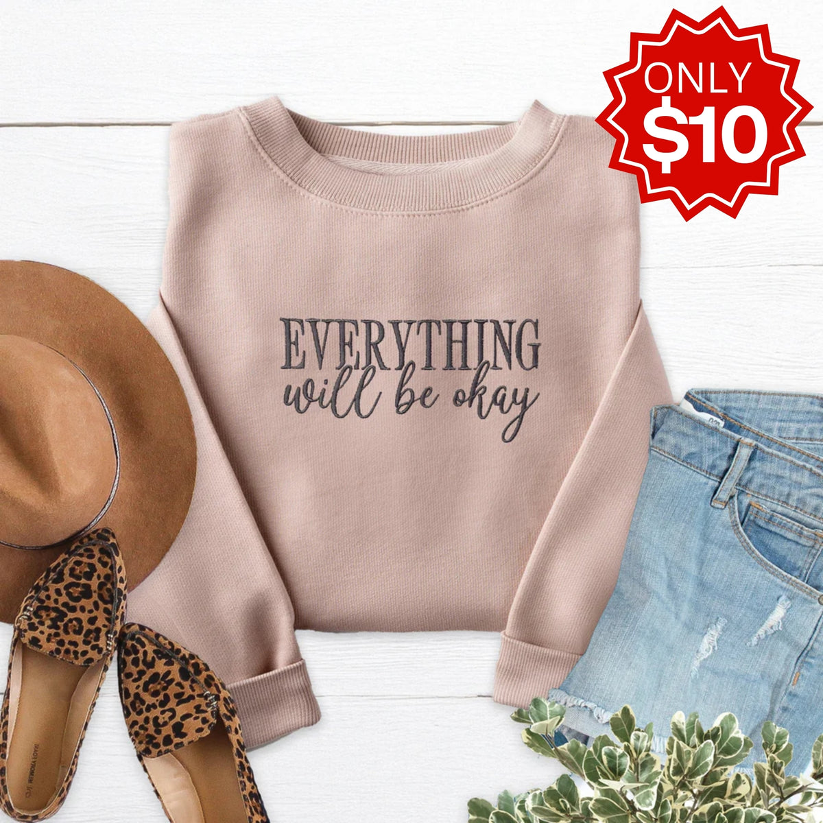 Everything Will Be Okay Embroidered Crewneck Sweatshirt