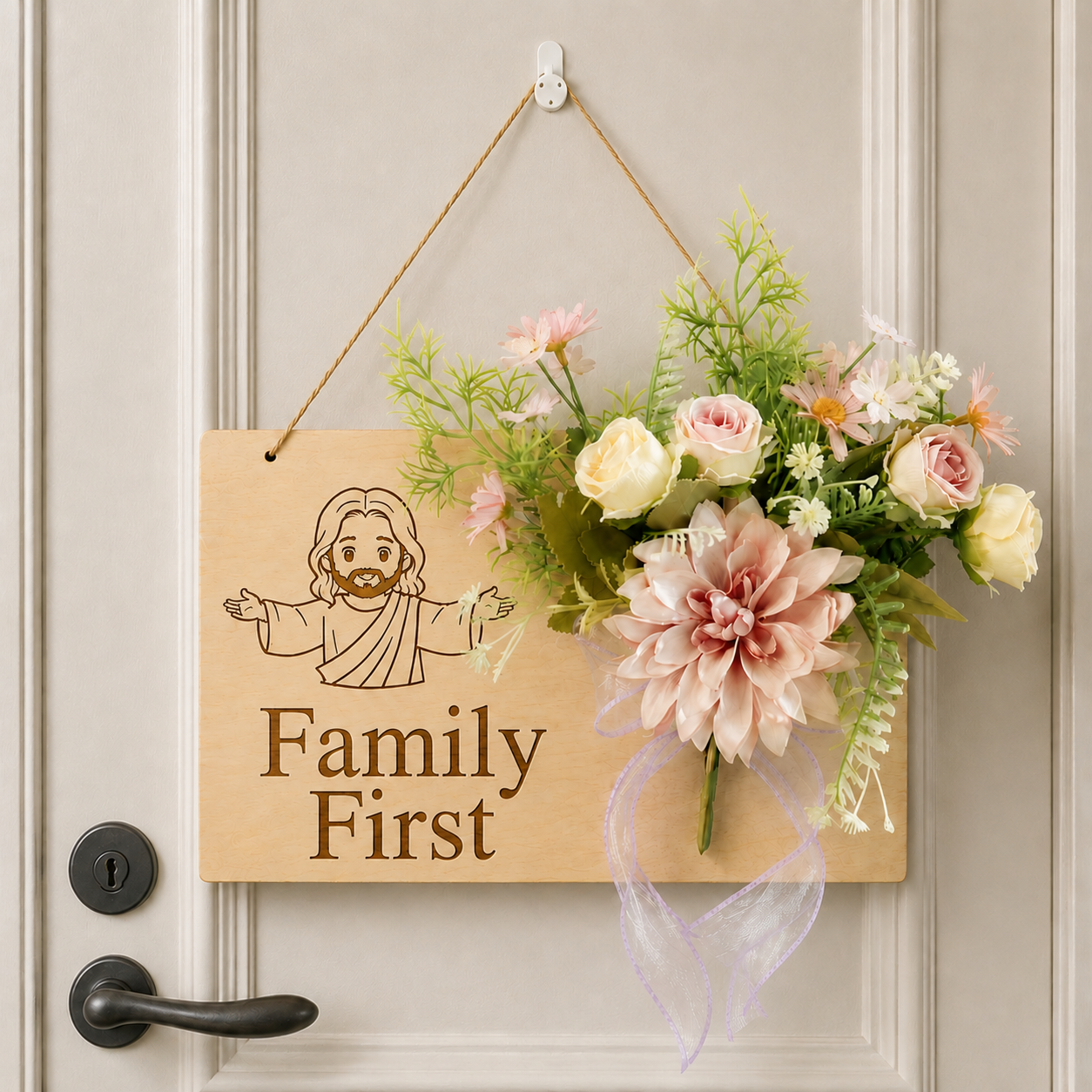Family First, Jesus Welcome Door Sign with Greenery Wreath – Farmhouse Front Door Decor for Indoor & Outdoor Home, Housewarming Gift with Bonus Damage-Free Hook